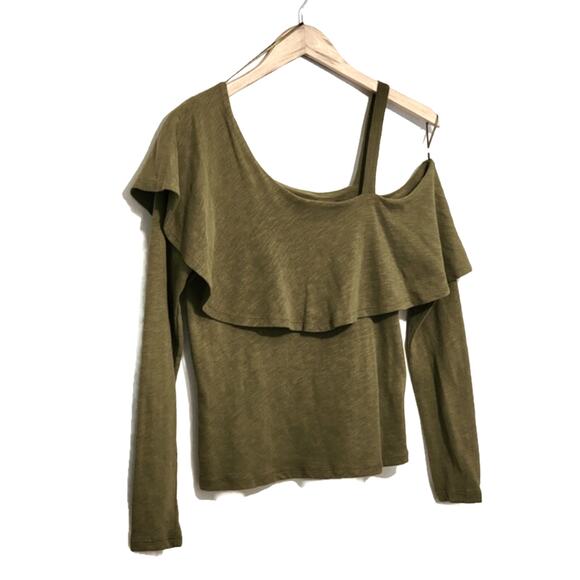Anthropologie Postmark Off the Shoulder Ruffle Long Sleeve Green Top Boho Chic S - Picture 6 of 16